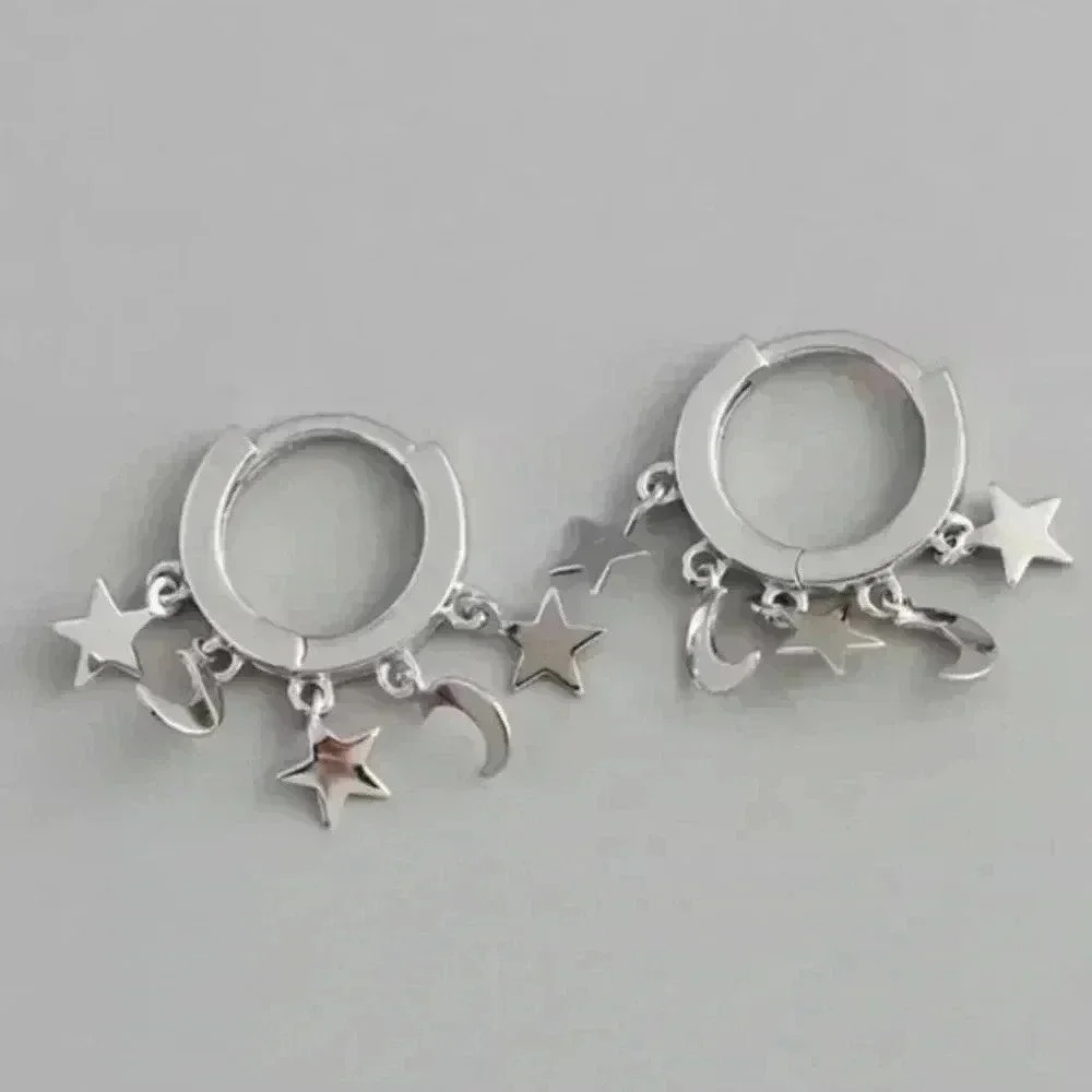 Sterling Silver Star Moon Tassel Huggie Hoop Earrings Brand New